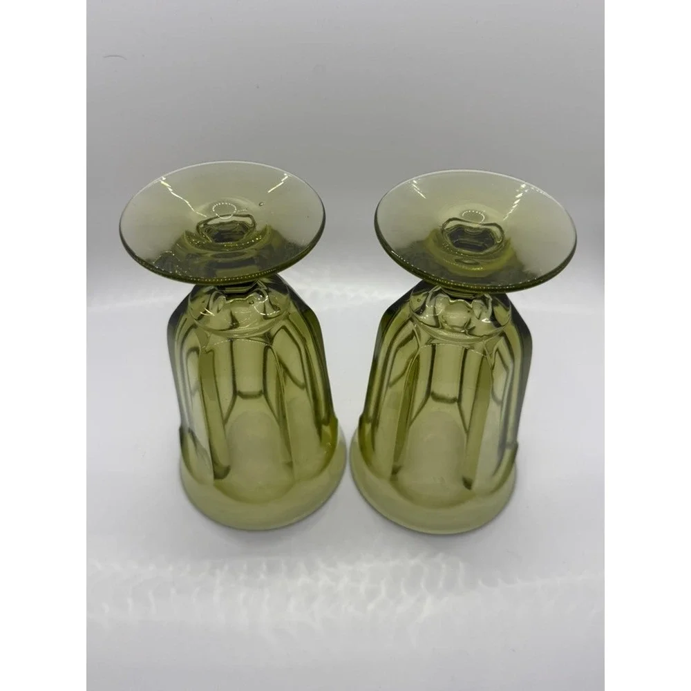 Vintage Olive Green Pressed Glass Goblets Set of 2 Water Wine Glasses MCM